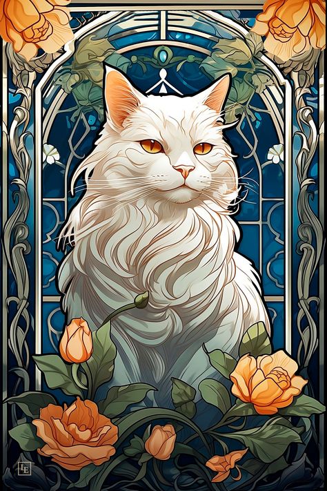 Art Nouveau Cat, Roses Illustration, Art Deco Cat, Nouveau Illustration, Nouveau Flowers, Illustration Art Nouveau, Cat Orange, Wall Art Cat, Art Nouveau Decor