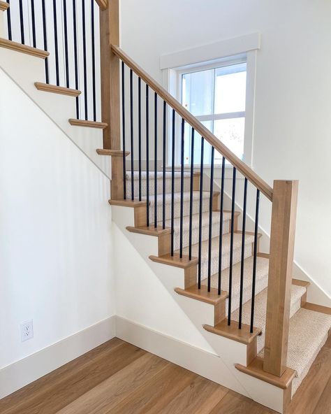 Maddison Interiors and Design on Instagram: “Our stairs for our house were important to me, but I didn’t know how important they actually were until they were being framed. Looking at…” Modern Country Staircase, Front Entry With Stairs, Organic Modern Staircase, Stair Post Ideas, House Stairs Design, Front Entry Stairs, Railing Makeover, Stair Railing Makeover, Cabin Remodel