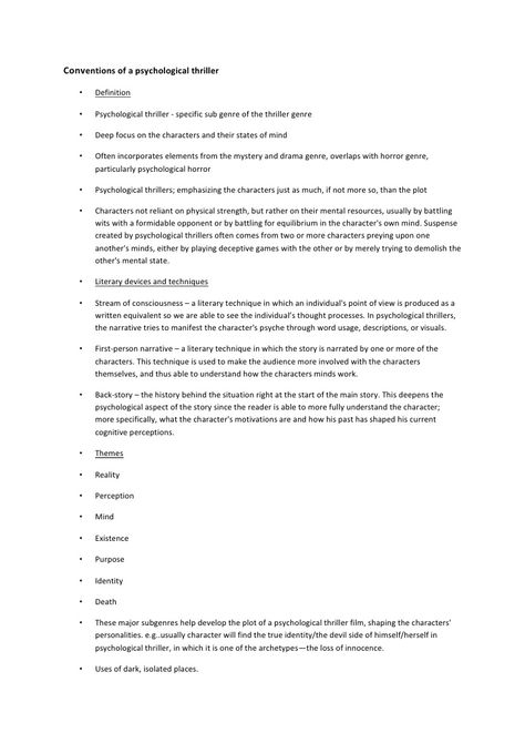 Conventions of a psychological thriller • Definition • Psychological thriller - specific sub genre of the thriller... How To Write Psychological Thrillers, Psychological Thriller Writing Tips, Writing Psychological Horror, Writing Psychological Thriller, How To Write Thriller, Psychological Horror Story Prompts, Psychological Thriller Prompts, How To Write A Thriller Novel, How To Write A Psychological Thriller