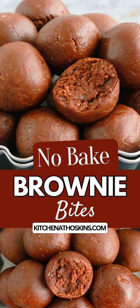 Learn how to make easy brownie bites that are healthy, made using almond flour, can be adapted for vegan and makes a great almond flour snack. Get the no bake brownie bites recipe at kitchenathoskins.com. Flour Less Brownies, Almond Flour Energy Bites, Almond Flour Snacks, Baking With Almond Flour Recipes, Brownie Bites No Bake, Almond Flour Desserts Easy, Easy Brownie Bites, Recipes With Almond Flour, Wfpb Dessert