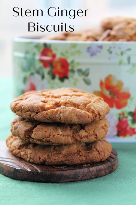 Ginger Stem Cookies, Stem Ginger Recipe, Stem Ginger Cookies, Ginger Sweets, Biscuit Recipes Uk, Stem Ginger, British Biscuits, Ginger Cookie Recipes, Biscoff Recipes