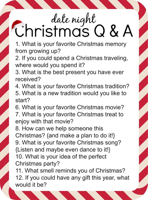 Christmas Q And A Questions, Christmas Eve Date Night, Christmas Get To Know You Questions, Christmas At Home Date Night, Christmas Date Ideas At Home, Christmas Questions For Adults, Christmas Questions For Kids, Christmas Date Night At Home, Christmas Conversation Starters