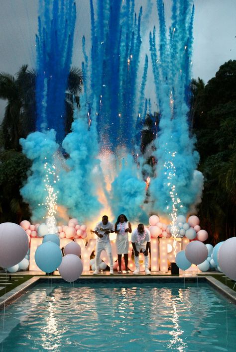 Volcano reveal | Gender Reveal Miami Beach Gender Reveal Ideas For Party, Night Time Gender Reveal Ideas, Gender Reveal Backyard, Gender Reveal Ideas Pool Party, Pool Party Gender Reveal, Gender Reveal Ideas Summer, Gender Reveal Pool Party Ideas, Pool Gender Reveal Ideas, Gender Reveal On Beach