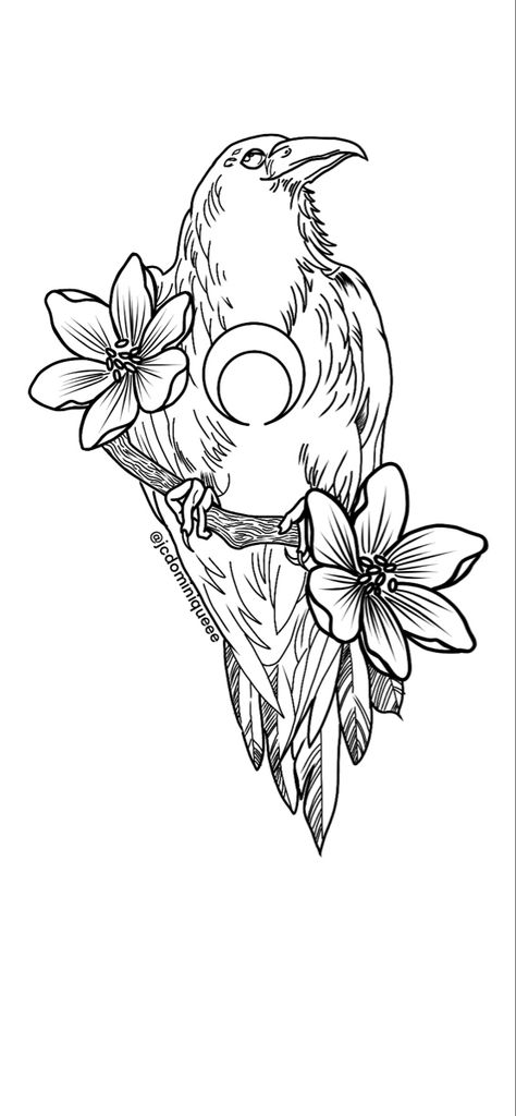 Crows And Flowers, Raven Skull Tattoo Flower, Crow Tattoo With Flowers, Raven Tattoo Stencil Outline, Raven Tattoo With Flowers, Gothic Hummingbird Tattoo, Raven With Flowers Tattoo, Raven Outline Tattoo, Raven Tattoo Stencil