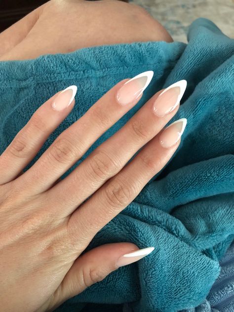 White French Tip Nails Pointy, Pointy Nail French Tip, Almond Side French Tip Nails, French Manicure Pointy Nails, V Tip French Nails Almond, French Manicure V Shape, Thick White French Tip Nails Almond, French Tip Nails Pointy, Triangular French Tip Nails