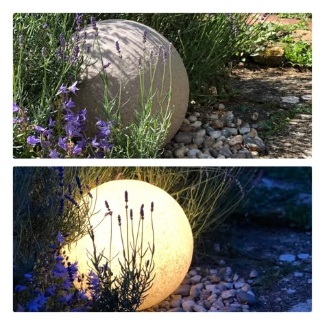 Stone Globe Lights, Mediterranean Garden Lighting, Garden Border Lights, Garden Globe Lights, Solar Globe Lights Outdoor, Stylish Garden Ideas, Stone Balls In Garden, Front Garden Lighting, Garden Solar Lighting Ideas