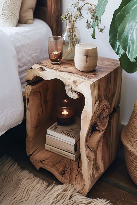 Unusual Bedside Tables, Creative Bedside Table, Wooden Home Decor, Modern Rustic Decor, Serene Bedroom, Interior Design Per La Casa, Wooden Home, Bedroom Retreat, Video Home