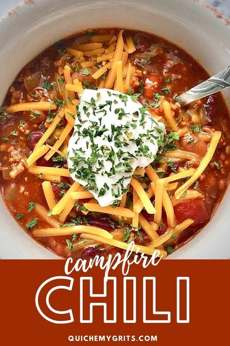 Want to go camping without leaving the house? It's time for some hearty Campfire Chili! This recipe is rich, smoky, and tastes like it's been cooked over a campfire for hours. It tastes great over a campfire too! #chili #campfirechili | QuicheMyGrits.com Camp Chili Recipe, Campfire Chili Recipe, Game Day Chili, Campfire Chili, Chilli Soup, How To Cook Chili, Tailgate Parties, Sunday Dinners, Chilli Recipes