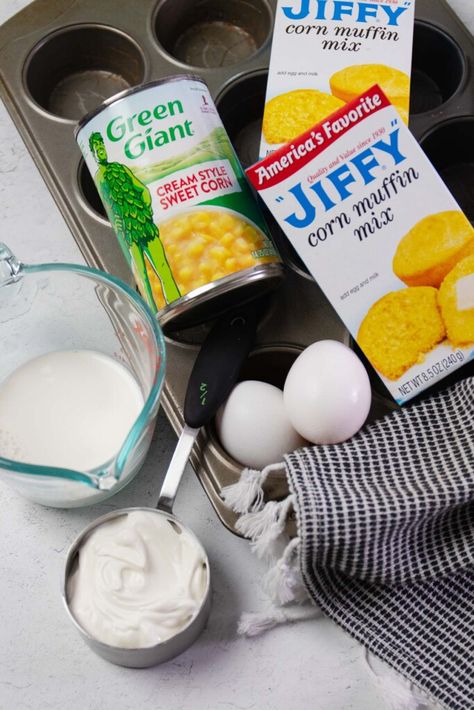 Ingredients for creamed corn cornbread muffins made with Jiffy corn mix. Casserole For Thanksgiving, Corn Cornbread, Creamed Corn Cornbread, Jiffy Recipes, Jiffy Cornbread Recipes, Easy Corn Casserole, Jiffy Corn Muffins, Cornbread With Corn, Creamed Corn Recipes