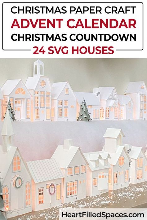 Natal, Village Advent Calendar, Cricut Christmas Advent Calendar, Cricut Christmas Houses, Silhouette Cameo Christmas Ornaments, Cricut Christmas Village Projects, Paper House Advent Calendar, Cricut Village Houses, Christmas Paper Crafts Cricut