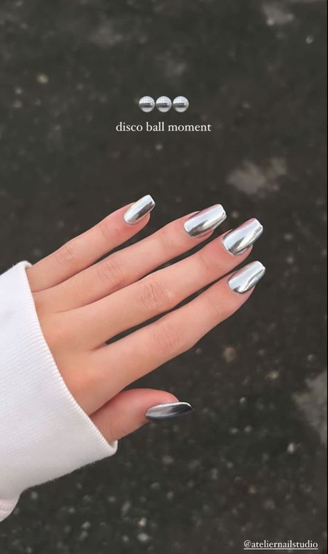 Square Silver Chrome Nails, Abba Inspired Nails, Dancing Queen Nails, Disco Inspired Nails, Disco Party Nails, Disco Theme Nails, Disco Themed Nails, Disco Ball Nail Art, Bach Party Nails