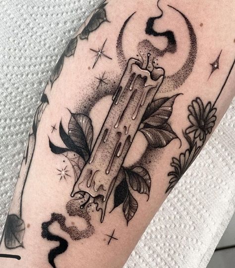 Witchy Calf Tattoo, Which Tattoos For Women, Gothic Patchwork Sleeve Tattoo, Tarot Sleeve Tattoo, Spooky Flash Art, Gothic Cathedral Back Tattoo, Spooky Forearm Tattoo, Witchy Arm Sleeve Tattoo, Spooky Candle Tattoo