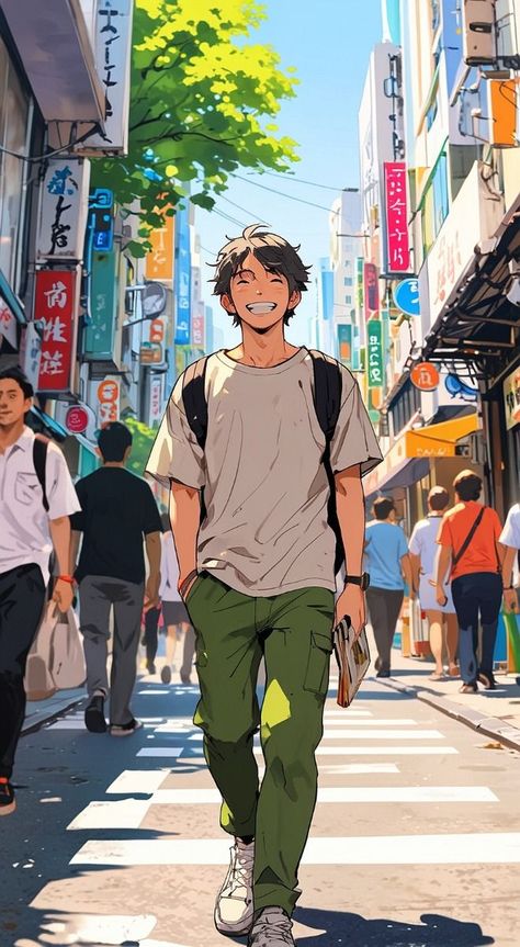 Guy Walking Drawing, Anime Smiling Face, Man Walking Illustration, Men Character Design, Anime Smiling, Anime Boy Smile, Walking Illustration, Smile Aesthetic, Wallpaper Backgrounds Dark