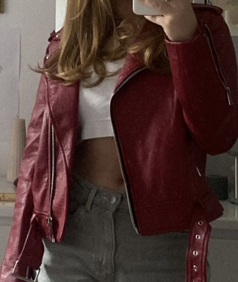 Women's Leather Jacket Outfit, Pink Leather Jacket Aesthetic, Red Cropped Leather Jacket, Red Leather Biker Jacket Outfit, Pink Leather Jacket Outfit Aesthetic, Red Leather Jacket Outfit Winter, Red And Jeans Outfits, Red Jean Jacket Outfit, Red Leather Aesthetic