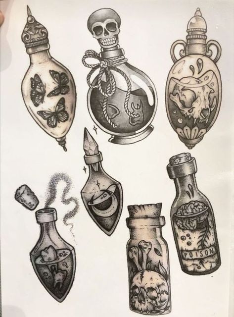 Potion Bottles Tattoo, Bottle Tattoo, Witch Tattoo, Spooky Tattoos, Potion Bottles, Tattoo Portfolio, Tattoo Art Drawings, Desenho Tattoo, Halloween Tattoos