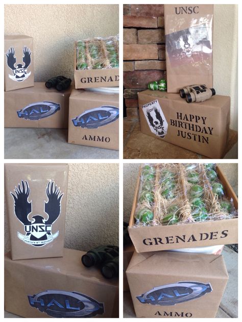 Halo Army Party with homemade Ammo boxes Halo Themed Birthday Party, Halo Birthday Party Ideas, Halo Birthday Parties, Halo Birthday, Halo Party, Army Birthday Parties, Army Birthday, Camo Party, Army's Birthday