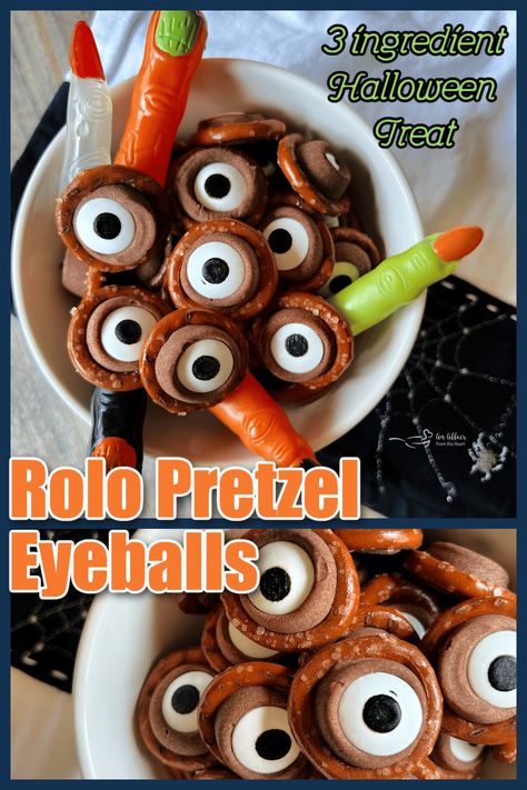 Rolo Pretzel Eyeballs (Fun & Easy Halloween Treats!) Grape Eyeballs Halloween, Halloween Pretzel Eyeballs, Halloween Pretzel Rolo Treats, Halloween Rolo Pretzels, Halloween Pretzel Bites, Eyeball Food Halloween, Eyeball Food Ideas, Halloween Food Eyeballs, Pretzel Broomstick Treats