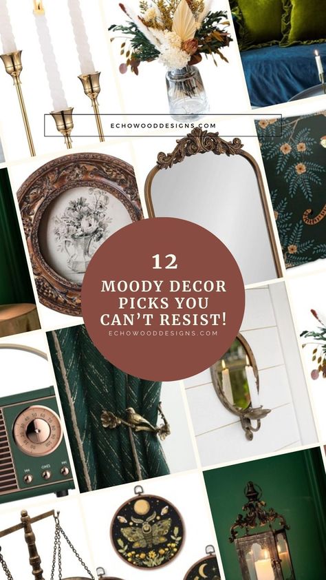 Redefine your home with luxurious dark and moody interior finds from Amazon. Let brass mirrors take center stage, injecting sophistication into your decor. Explore a curated collection that balances elegance and mystery, with dark green living room accents and vintage frames weaving tales of the past. Moody Living Room Diy, Moody Eclectic Gallery Wall, Dark Green Walls Curtain Ideas, Moody Living Room Green Walls, Diy Moody Home Decor, Small Dark Green Room, Dark Cottagecore Living Room Ideas, Moody French Living Room, Old World Aesthetic Decor