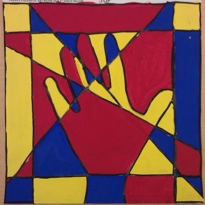 4th grade Students identified the three primary colors (red, yellow, blue) and made painting with them. They used a ruler to make a border around the paper.  Next, they traced their hand and drew t… 3 Colour Painting, Primary Colors Painting Art Projects, Primary Colors Painting, Jacket Painting, Color Art Lessons, Colorful Art Projects, 2nd Grade Art, Primary And Secondary Colors, Three Primary Colors