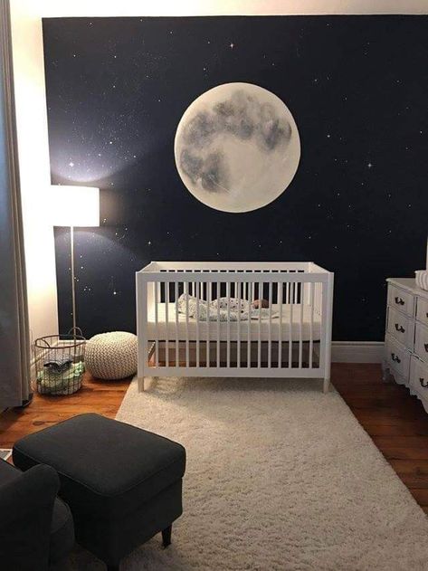 Glow in the Dark Moon Galaxy Baby Nursery, Black Nursery, Baby Nursery Inspiration, Baby Room Themes, Toddler Playroom, Baby Boy Room Nursery, Space Room, Baby Room Design, Nursery Baby Room