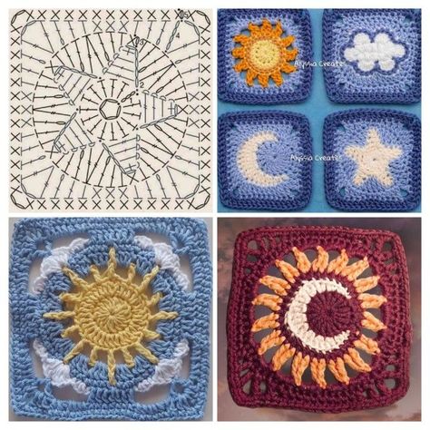 Impressive Crochet Projects, Flower Crochet Pattern Square, Moon Crochet Square Pattern, 70s Crochet Granny Square, Star Square Crochet Pattern, Grant Square Crochet Pattern, Crochet Granys Square, Star And Moon Granny Squares, Sun Granny Square Pattern Free