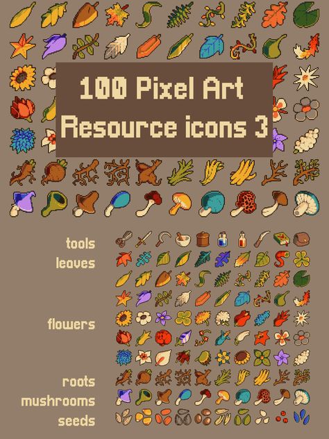 We present to your attention a great set of Nature Things Pixel Art 32×32 Icons. This package will be useful for both beginners and more experienced 2D game developers who want to bring new resources to their game. It contains a lot of high-quality icons in 32×32 resolution, namely: tools (scissors, swords, sickles, mortars, jars, books, etc.), leaves of various shapes and origins, flowers (clover, tulip, sunflower and others), root crops, mushrooms and other resources that may be useful to you. Pixel Flowers Art, Pixel Art Shapes, Pixel Art Assets, Pixel Art Items, Pixel Art Nature, Book Pixel Art, 32 X 32 Pixel Art, Mushroom Pixel Art, Flower Pixel Art