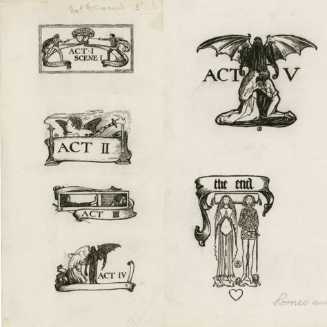 A set of seven illustrations showing the five acts of Romeo and Juliet. The illustrations are black pen on yellowed paper. The illustrations follow the events of the play on a thematic scale. Taming Of The Shrew Tattoo, Shakespeare Inspired Tattoos, The Magicians Tattoo Lev Grossman, Hamlet Tattoo Ideas, Lady Macbeth Tattoo, Literature Inspired Tattoos, Gothic Literature Tattoo, Succession Tattoo, Classics Tattoos