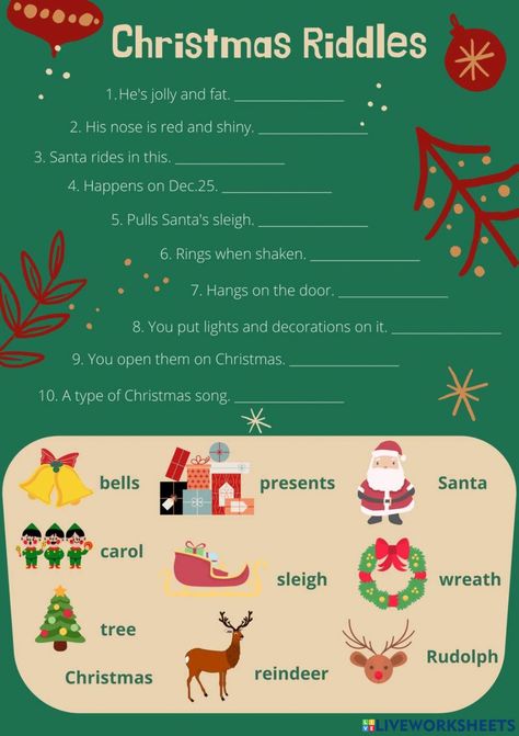 Christmas English Worksheets, Grinch Worksheets, Christmas Idioms, New Year Worksheet, Christmas Riddles For Kids, Winter Worksheet, Christmas Lesson Plan, Christmas Worksheet, Christmas Printable Activities