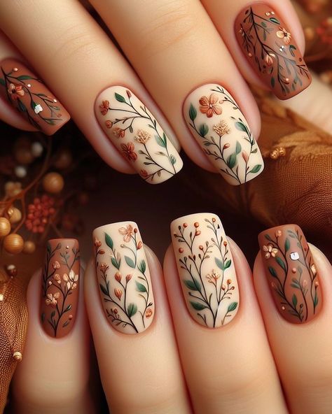 Embrace the outdoors with rustic tiny flowers and vines! This delicate nail art adds a touch of whimsy to your fingertips. Vintage Flower Nails, Outdoor Nail Designs, Fall Floral Nail Art, Fall Floral Nail Designs, Acotar Dresses, Vine Nail Art, Dark Floral Nail Art, Gothic Floral Nails, Boho Summer Nails