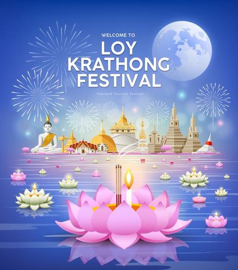 Loy krathong festival chao phraya river ... | Premium Vector #Freepik #vector #background #banner #flower #gold