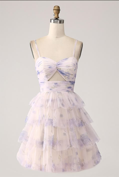 Lavender Flower A Line Spaghetti Straps Tiered Pleated Short Homecoming Dress Medium Length Hoco Dress, Homecoming Dresses Flowy Floral, Tiered Ruffle Dress Short, Cottagecore Homecoming Dress, Tiered Short Dress, Tangled Themed Hoco Dress, Party Dresses For Teens, Ruffle Hoco Dress, Coquette Homecoming Dress