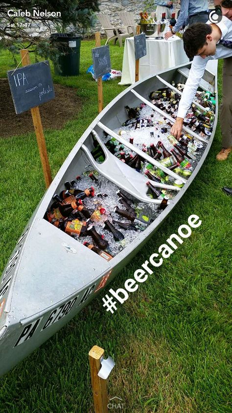 Beer Canoe, Canoe Wedding, Wedding Drink Station, Getaway Wedding, Campground Wedding, Lake House Wedding, Wedding Toss, Types Of Beer, Beer Wedding