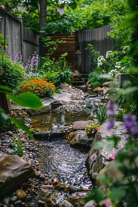 Small Garden Stream Ideas for Your Backyard Haven Backyard Creek Ideas, Fairy Tale Garden Ideas, Garden Stream Ideas, Backyard Streams, Hempcrete House, Backyard Creek, Garden Waterfall Ideas, Ponds Ideas, Natural Ponds