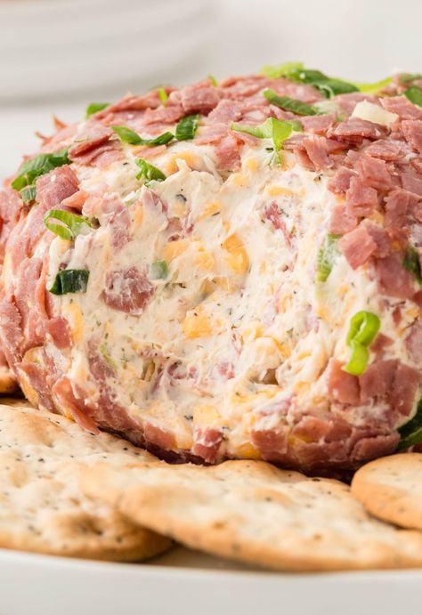 Dried Beef Cheese Ball is a cream cheese appetizer with chipped dried beef! It's the perfect appetizer for holiday gatherings. Cheese Ball With Corned Beef, Chipped Beef Cream Cheese Ball, Chipped Beef Ball Recipe, Cream Cheese Chipped Beef Cheeseball, Dry Beef Cheese Ball Recipes, Dried Beef Ball, Cheese Ball With Chipped Beef, Cheese Ball Recipes With Dried Beef, Cheese Ball Dried Beef