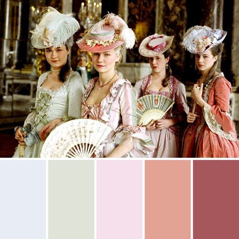 Marie Antoinette colour palette created with Adobe Color & Canva Rococo Marie Antoinette, Marie Antoinette Bathroom, Marie Antoinette Color Palette, Rococo Colour Palette, Marie Antoinette Accessories, Marie Antoinette Bedroom Inspiration, Marie Antoinette Picnic, Marie Antoinette Themed Party, Bridgerton Colour Palette