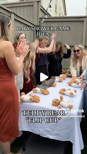 Evite on Instagram: "Teddy bear “flip cup” as a baby shower game??? *Immediately adds to our saved folder.* 🧸👏  📷: theoceanminded on TikTok  #evite #babyshower #showergames #babyshowergames #momtobe #momtok #babyshowers #babyshowerideas" Baby Shower Games Teddy Bear Theme, Baby Shower Bear Ideas, Non Gender Baby Shower Ideas, Baby Shower Ideas Bear Theme, Teddy Bear Center Piece, Teddy Bear Baby Shower Theme Decoration, No Gender Baby Shower Ideas, Baby Bear Shower Theme