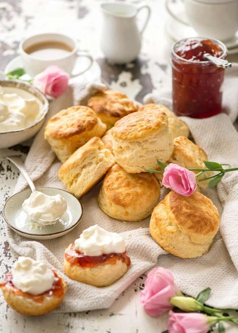 An afternoon tea with scones, jam and cream, with coffee and tea. #biscuits Scones Aesthetic, Plain Scones, Tin Eats, Baking Journal, Afternoon Tea Recipes, Small Treats, Recipetin Eats, Recipe Tin, Tea Party Food