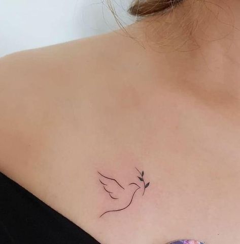 Dove Wrist Tattoos For Women, Dove Ear Tattoo, Dove Ankle Tattoo, Fine Line Tattoo Chest Women, Angel Tattoo With Initials, Dove Tattoo Ideas For Women, Dove Tattoo Collar Bone, Dove Line Art Tattoo, Tiny Dove Tattoos For Women