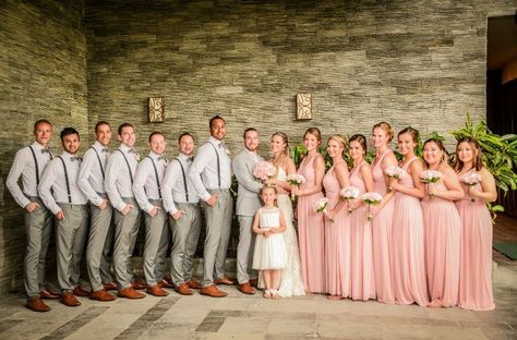 Blush pink and light grey wedding party! Pink And Grey Wedding Flowers, Grey And Light Pink Wedding, Pink Gray Wedding Theme, Blush Pink And Grey Wedding Theme, Blush Pink Weddings Groomsmen, Dusty Pink Groomsmen Attire, Pink Bridesmaid And Groomsmen, Light Pink Wedding Party, Pink And Khaki Wedding