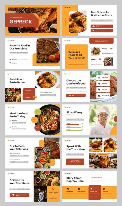 Food & Restaurant PowerPoint Template. 30+ Slides. Food Slide Presentation, Food Ppt Template, Food Presentation Design, Food Presentation Ideas, Restaurant Powerpoint, Digital Marketing Portfolio, Food Powerpoint Template, Food Catalog, Marketing Portfolio