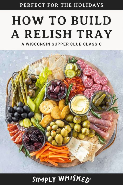 A Wisconsin supper club classic, a relish tray is perfect for holidays and parties. From traditional to unique and modern, learn what to put on a relish tray and ideas for a creative appetizer display. Relish Board Ideas, Relish Trays Ideas Parties, Relish Tray Christmas, Wisconsin Supper Club Relish Tray, Relish Tray Charcuterie Board, Relish Charcuterie Board Ideas, Relish Trays For Thanksgiving, Relish Tray Ideas Parties, Relish Tray Ideas For Christmas