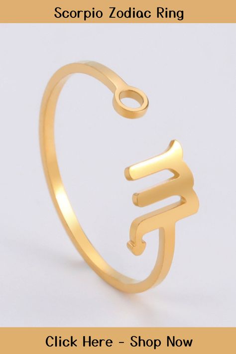 Zodiac open ring accessory featuring intricate details of the zodiac symbol "Scorpio" and other relevant astrological symbols such as the ruling planet or constellation star sign. Material is made of Gold Stainless Steel. Perfect for gift ideas/horoscope/astrology enthusiasts, this ring is a great conversation starter and addition to your zodiac-inspired jewelry collection. Its high-quality materials make it a cherished piece for years to come. Click the link or "visit" to buy now on Etsy! ♏ Scorpio Ring, Astrological Symbols, Zodiac Rings, Scorpio Zodiac, Zodiac Symbols, Color Stone, Inspired Jewelry, Accessories Fashion, Star Sign