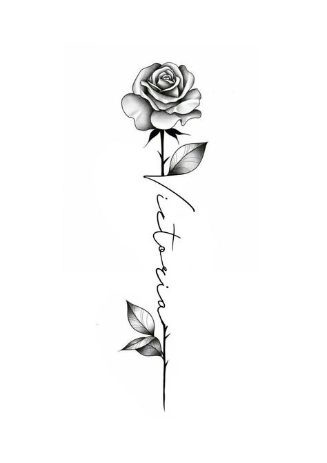 Simple Rose Tattoo With Name, Matching Flower Tattoos Couples, Rose Tattoo Design With Name, Rose With Name Tattoo Design, Rose And Name Tattoo Design, Flower Name Tattoo For Men, Rose And Stem Tattoo Design, Flowers Around Name Tattoo, Rose Name Stem Tattoo