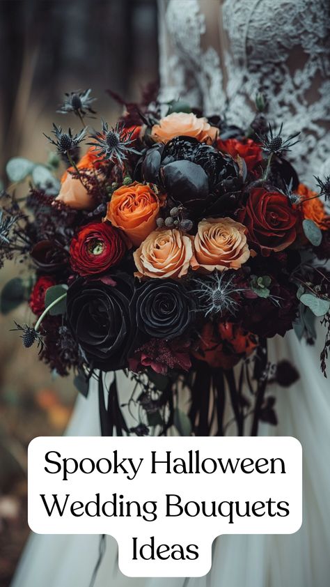 A spooky Halloween wedding bouquet featuring dark florals, rich colors, and eerie details for a magical and mysterious wedding look. Spooky Halloween Wedding, Spooky Bouquet, Wedding Bouquets Ideas, Bouquet Stand, Moody Wedding Flowers, Bouquet Styles, Diy Boutonniere, Bouquets Ideas, Dark Florals