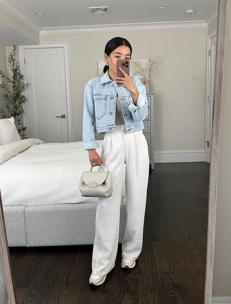 White Pants And Denim Jacket, Cropped White Denim Jacket Outfit, Cropped Jacket With Dress, Denim Jacket Outfit Classy, Cropped Jacket Outfit Casual, Crop Denim Jacket Outfit, Cropped Jean Jacket Outfit, Crop Jacket Outfit, White Denim Jacket Outfit