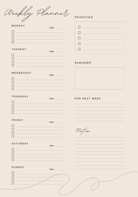 Weekly planner - delicate - minimalist - printable - PDF - template - to make your life easier Organisation, Weekly Planner Template Minimalist, Printable Agenda Pages Free, Weekly Template Planner, Good Notes Planner Template, Aesthetic Planer, Aesthetic Notes Template, Weekly Planner Aesthetic, Goodnotes Planner Template