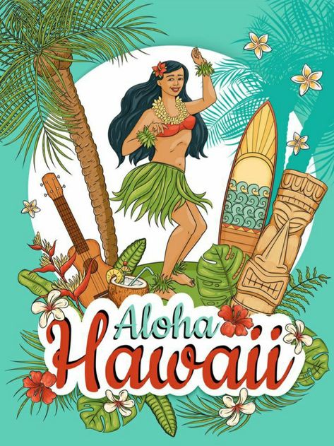 Summer Poster Design, Hula Dancing, Flowers Cartoon, Tiki Hawaii, Hawaiian Woman, Hawaiian Dancers, Aloha Party, Hawaii Vintage, Hawaii Summer