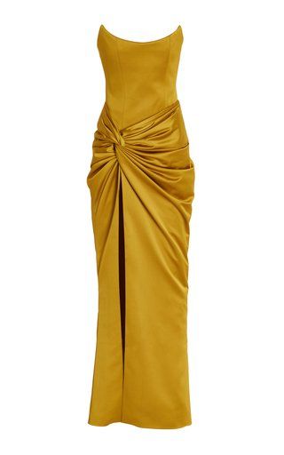 Yellow Long Dress, Dinner Wear, Strapless Prom Dress, Belle Silhouette, Corset Dress Prom, Strapless Corset, Beautiful Figure, Garden Parties, Satin Maxi