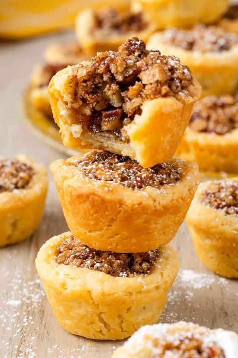 Mini Pecan Pie Recipe Muffin Tins, Pecan Pie Thumbprint Cookies Recipe, Filipino Pecan Tarts Mini, Bourbon Pecan Tassies Recipe, Nut Cups Recipe Pecans, Pecan Bar Cookies, Peacon Pie Cookies Recipe, Peacon Pie Cookies, Pecan Sandy Cookies