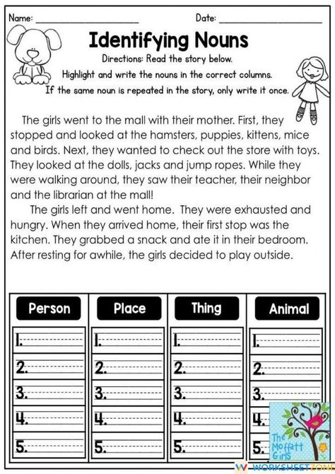 Find the noun in the story and put it in the correct category. Download the PDF file and try the interactive worksheet at the link above! #grammar #worksheet #worksheetsforkids #preschoolprintables #freeprintablesforkids #homeschooling #printablesforkids Nouns Exercises, Paragraph Worksheets, Nouns And Verbs Worksheets, Proper Nouns Worksheet, Nouns Activities, Common And Proper Nouns, Nouns And Pronouns, Adjective Worksheet, Grammar For Kids